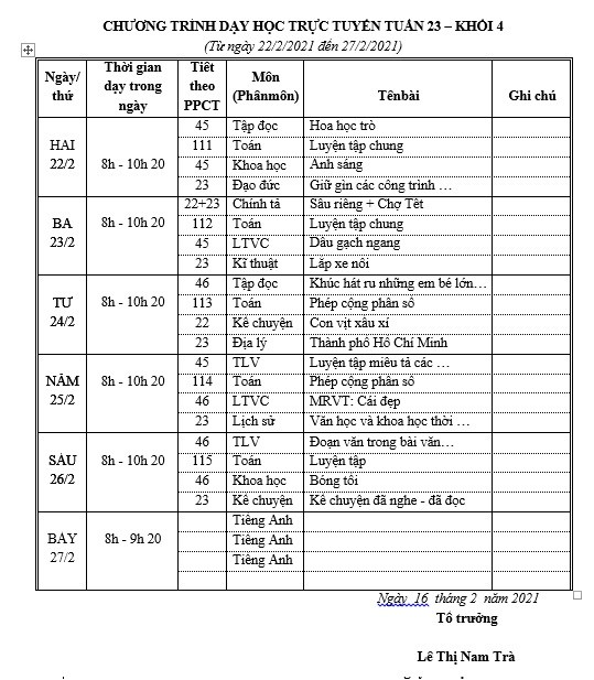 Thời khóa biểu học trực tuyến tuần 23_Khối 4